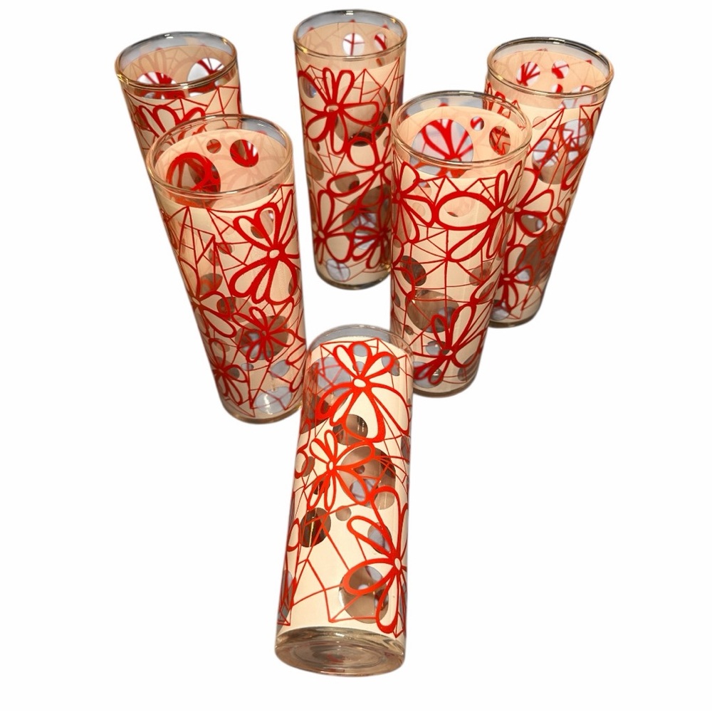 Set of 6 Vintage Dominion 10 ounce Floral Red and White High Ball Glasses (EUC) - Picture 8 of 10